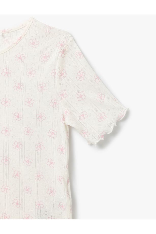 Çiçek Desenli Pamuklu Kısa Kollu Bisiklet Yaka Şortlu Pijama Takımı - 5