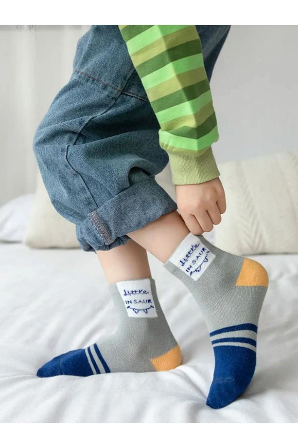 5 Çift Dinazor Desenli İndigo Bebek Çorap Ve Çocuk Çorabı - 7