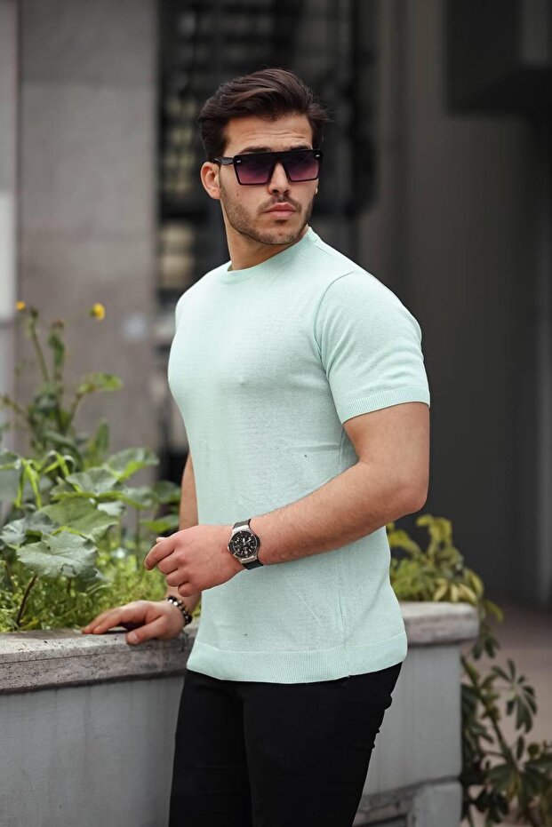Mint Yeşil Basic Örme Triko Tshirt - 3