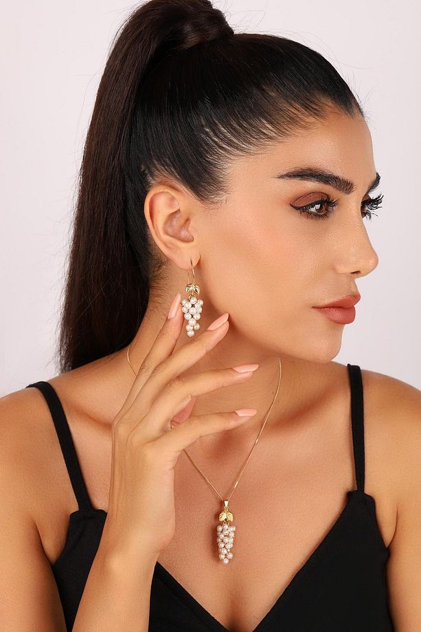 925 Ayar Gümüş Kadın Üzümlü Doğal İnci Küpe Kolye Yüzük Üçlü Set - 3