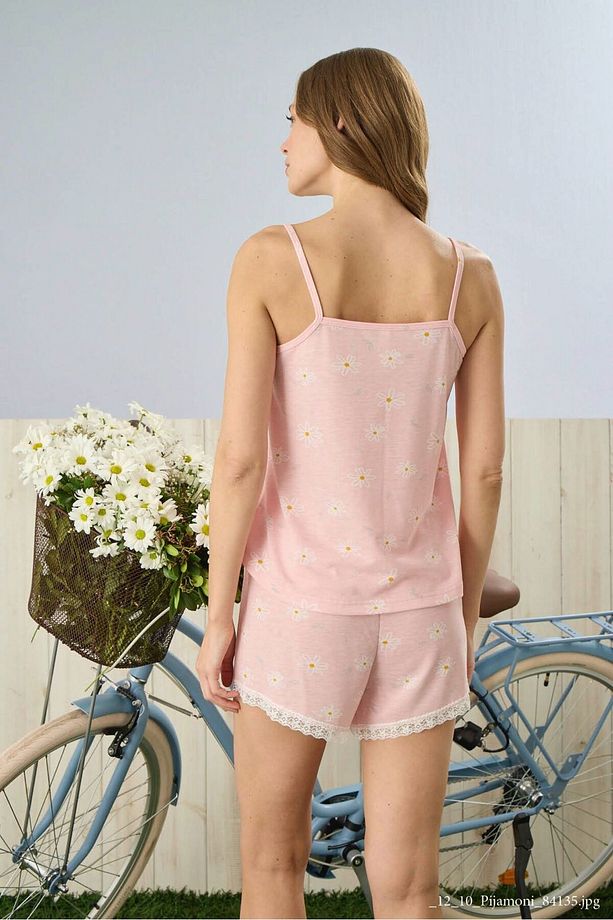 Kadın Pudra Çiçekli İp Askılı Şortlu Pijama Takımı - 2