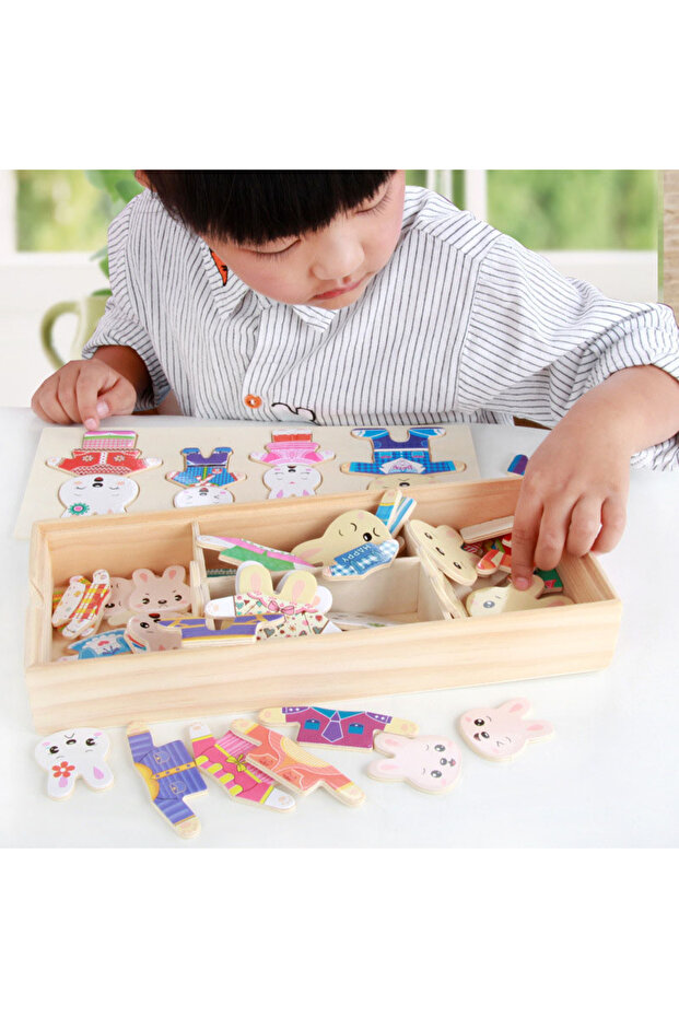 076 QWZ Little Bear Change Clothes Children's Early Education Wooden Jigsaw Puzzle Dressing Game Bab