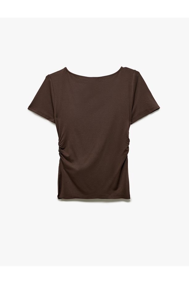 Drape Detaylı Slim Fit Kısa Kollu Yuvarlak Yaka Viskon Tişört - 4