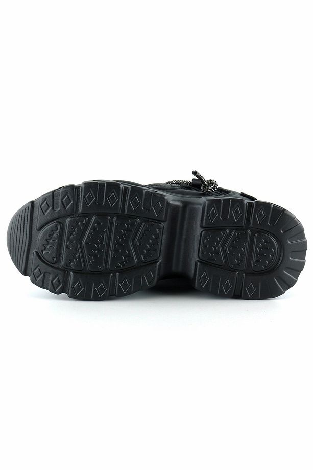 Siyah Yüksek Taban Spor Fileli Taşlı Bağcıklı Platform Sneaker - 5