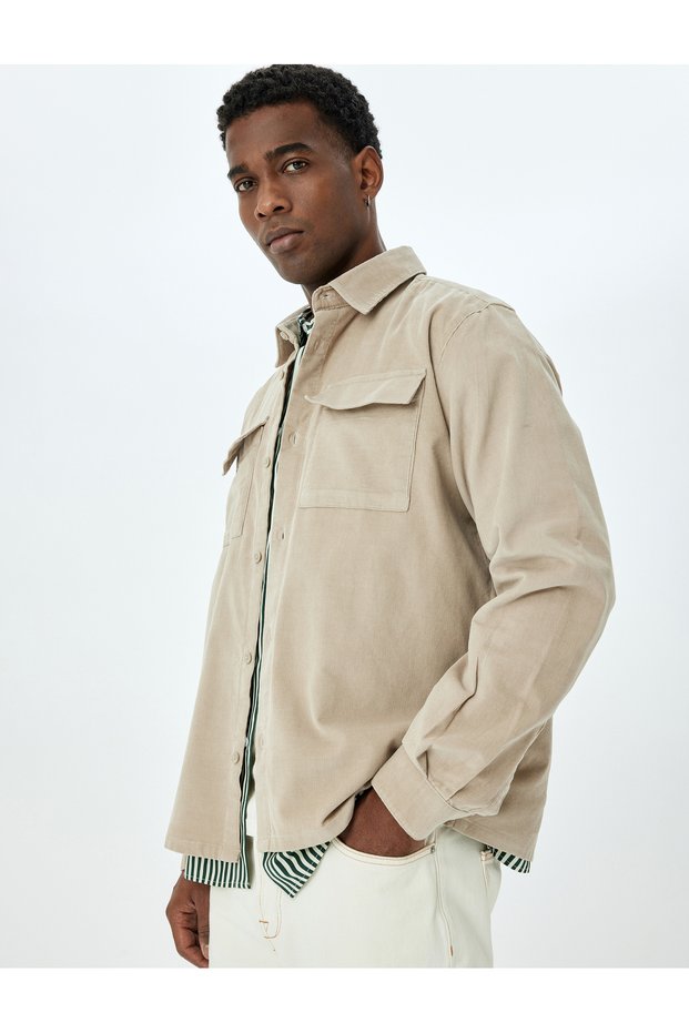 Cotton Buttoned Corduroy Jacket with Flap Pocket Detail