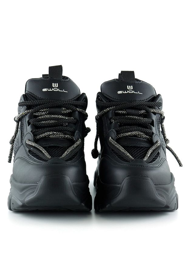 Siyah Yüksek Taban Spor Fileli Taşlı Bağcıklı Platform Sneaker - 2