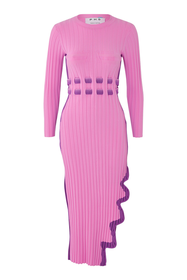 Wavy Slit Aster Pleat Dress - Pink