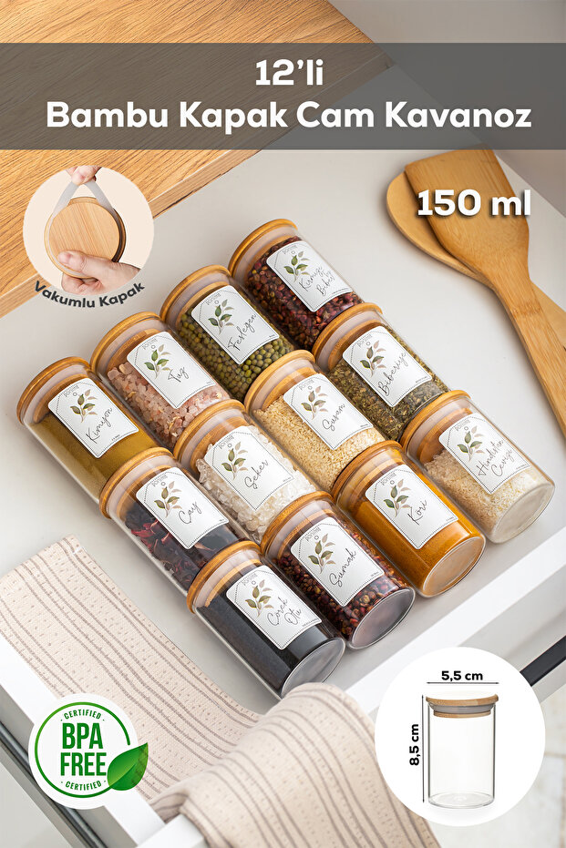 3179 Glass 12-Piece Vacuum-Sealed Borosilicate Spice Jar Set with Bamboo Lids, Storage Container with Labels 150 ml