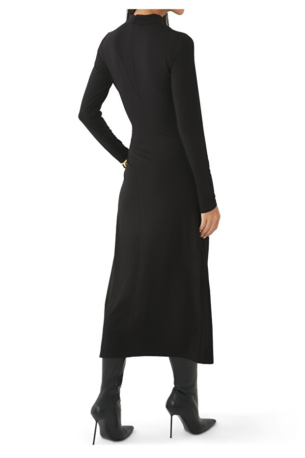 Yüksek Yaka Kırışık Midi Elbise - 3