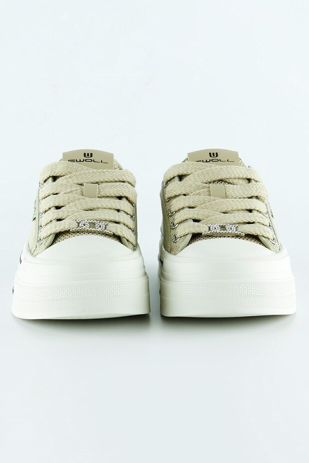 Bej Yüksek Taban Spor Fileli Taşlı Bağcıklı Platform Sneaker - 2