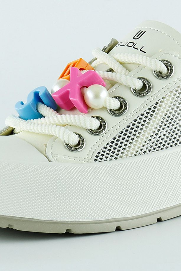 Bej Yüksek Taban Spor Fileli Harf Detaylı İncili Bağcıklı Platform Sneaker - 4