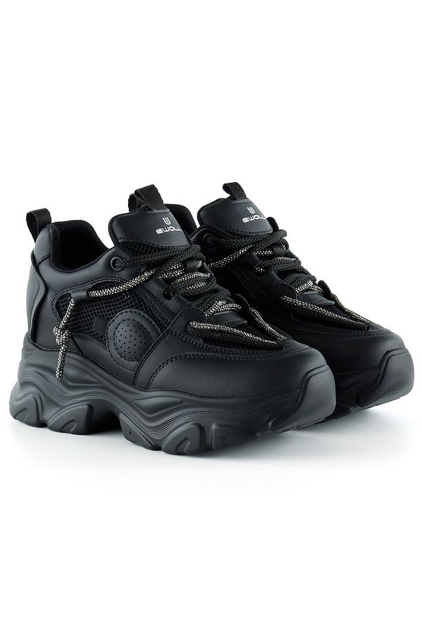 Siyah Yüksek Taban Spor Fileli Taşlı Bağcıklı Platform Sneaker - 1