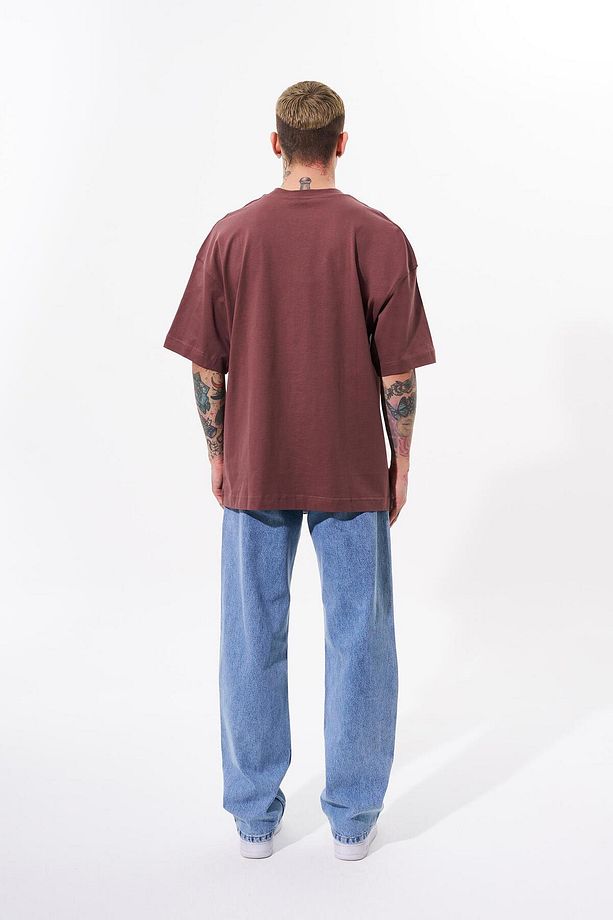 Erkek Solid Basic Pamuklu Oversize Mürdüm Tişört - 6