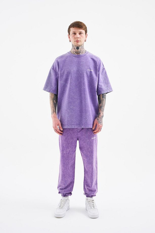 Erkek Luxury Basic Yıkamalı Oversize Mor Spotted Tişört - 3