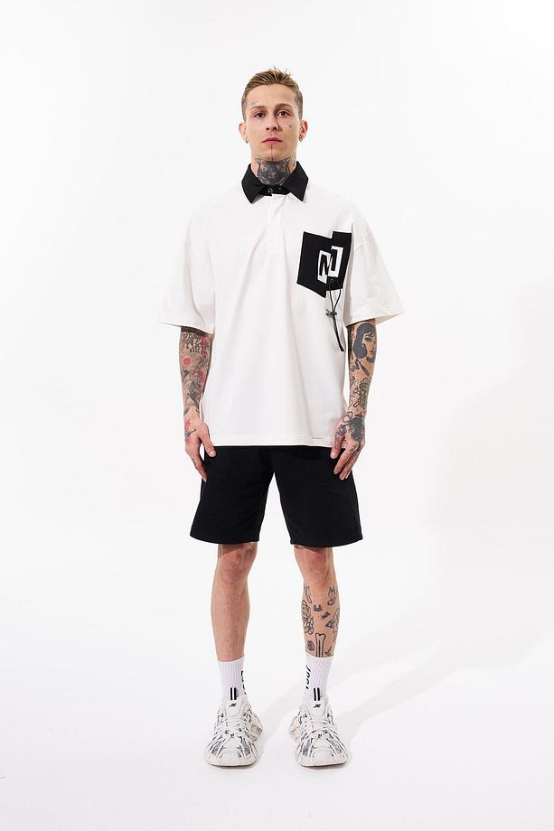 Erkek Constrast Pocket Oversize Ekru Polo Yaka Tişört - 4