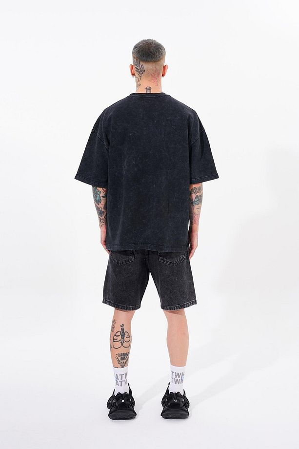 Erkek Yıkamalı Nakışlı Oversize Asphalt Cloudy Tişört - 5