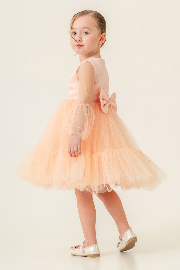 Girl's Evening Dress Matte Satin Pearl Bow Detail 4-7 Years