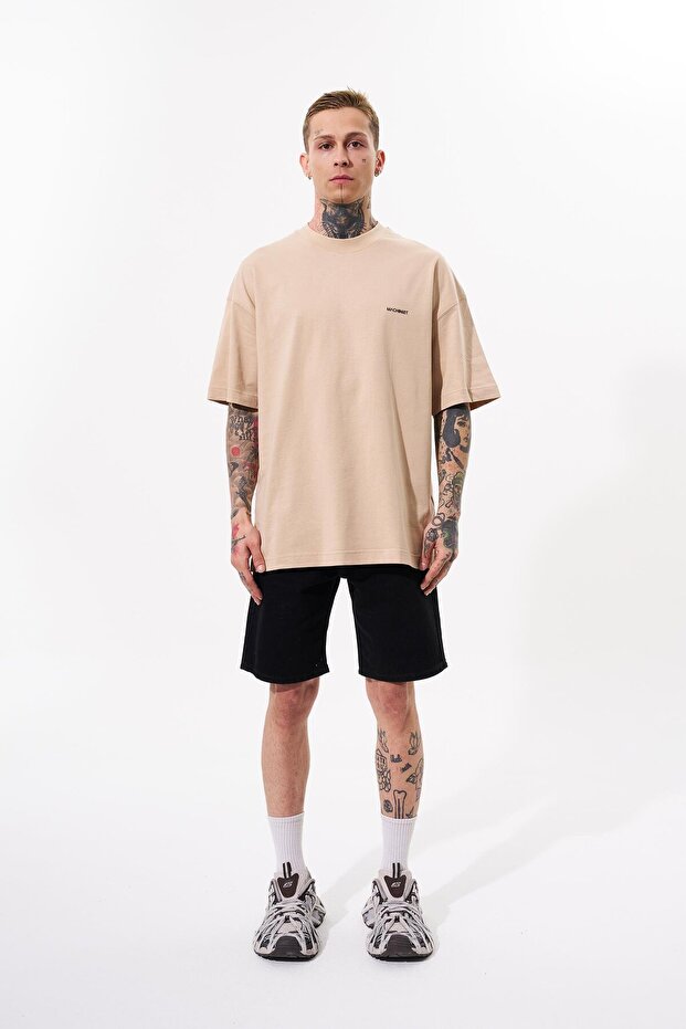 Erkek Basic Pamuklu Oversize Bej Tişört - 5