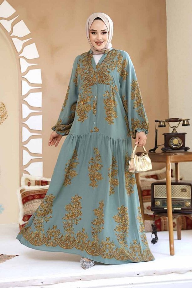 Çiçek Desenli Çağla Yeşili Tesettür Elbise 18241CY - 1