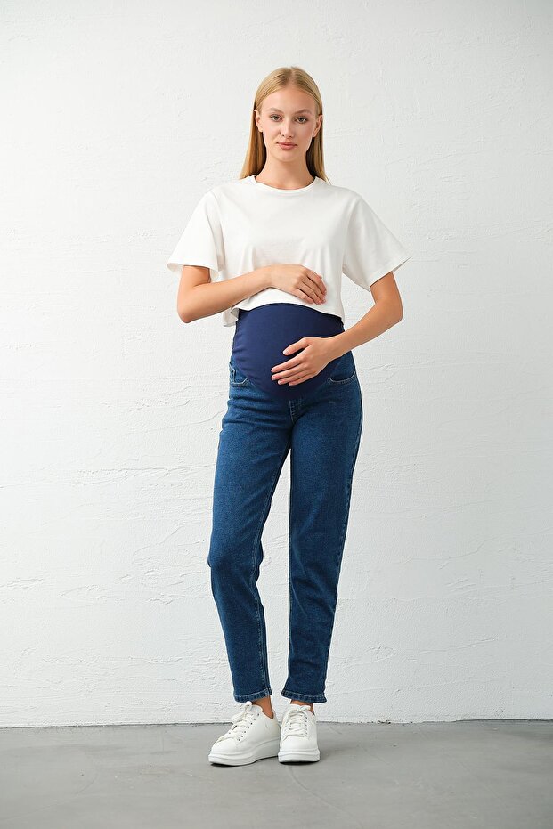 Maternity Stretchy Tummy Banded Waist Adjustable Mom Fit Pants Dark Blue