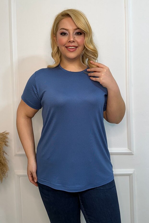Plus Size New Season Comfort Model Crew Neck Short Sleeve Combed Cotton Tunic T-Shirt