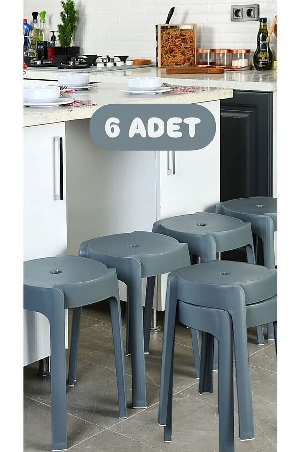 6 Adet Gri Kaymaz Ayaklı Dekoratif Iç Içe Geçebilen Plastik Tabure Mutfak Bahçe Taburesi - 1