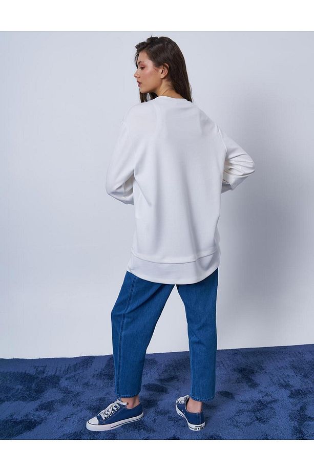 Baskı Detaylı Scuba Sweatshirt Ekru - 6