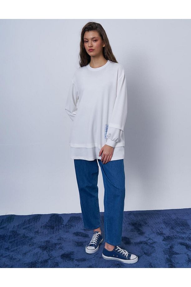 Baskı Detaylı Scuba Sweatshirt Ekru - 4
