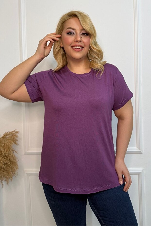 Plus Size New Season Comfort Model Crew Neck Short Sleeve Combed Cotton Tunic T-Shirt