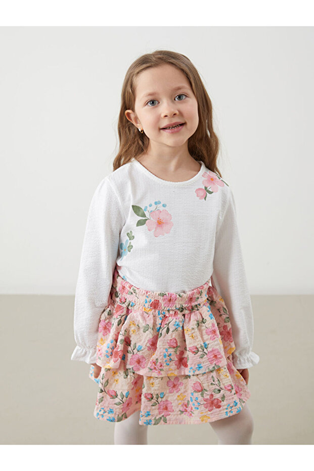 LCW Bisiklet Yaka Çiçekli Kız Çocuk Tişört - 1