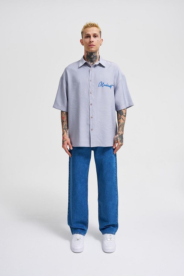 Erkek Nakışlı Basic Oversize Gri Gömlek - 4