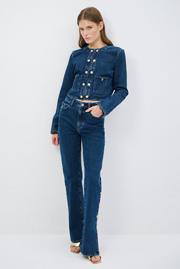 Düğmeli Jean Pantolon - 1