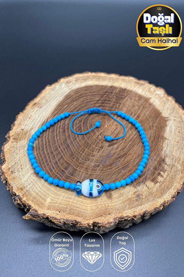 Turquoise Natural Stone Anklet – Model Anklet with Glass Fish Detail and Adjustable Lift