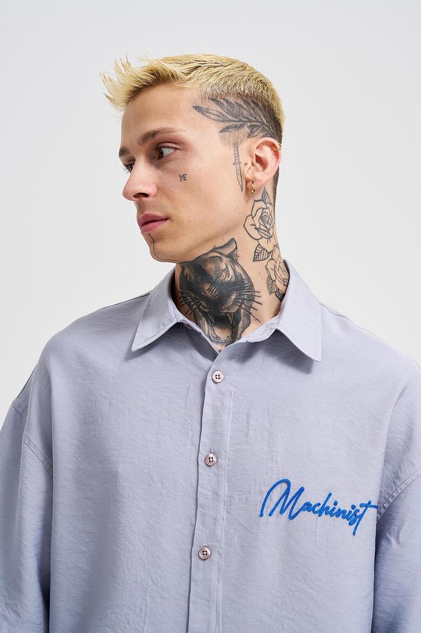 Erkek Nakışlı Basic Oversize Gri Gömlek - 3