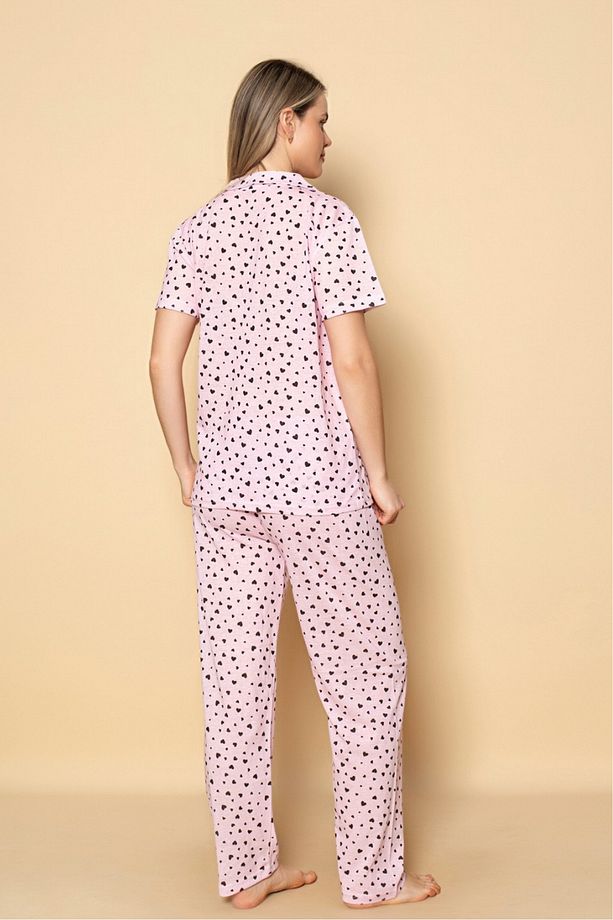 Dreamy Pamuklu Kalp Desenli Kısa Kollu Düğmeli Gömlek Pijama Takımı - 3