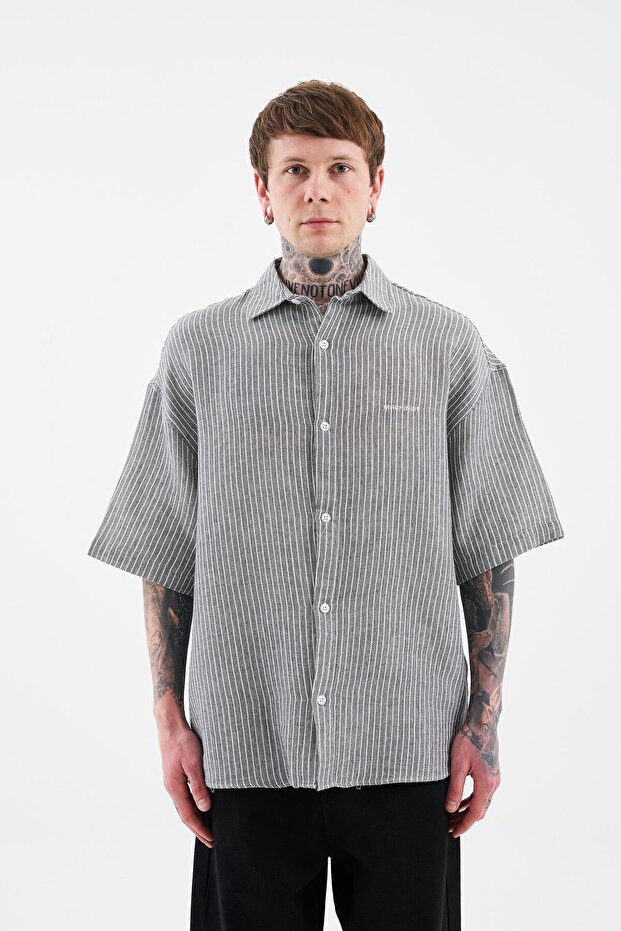 Erkek Basic Striped Cotton Siyah Gömlek - 4