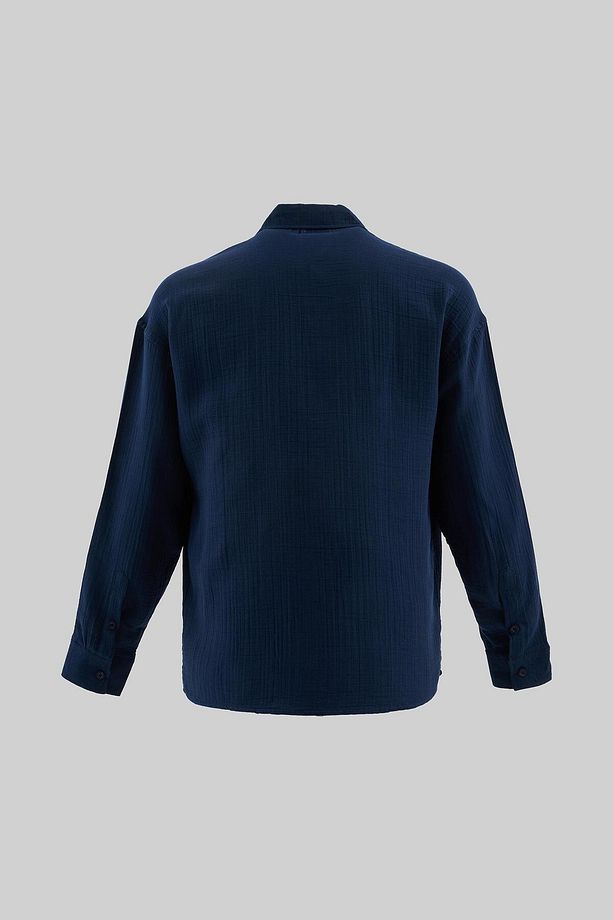 Erkek Basic Uzun Kollu Cotton Lacivert Mavi Gömlek - 3