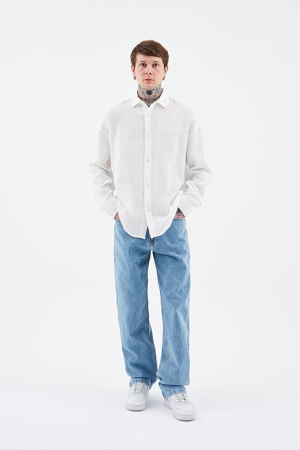 Erkek Basic Uzun Kollu Cotton Ekru Gömlek - 4