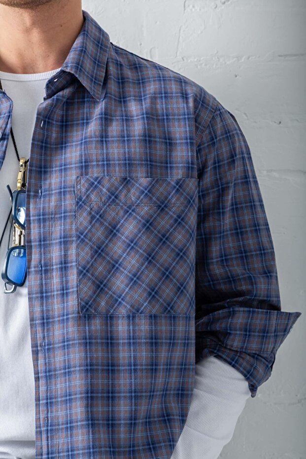 Erkek Oversize Ekose Baskılı Gömlek Mavi - 3