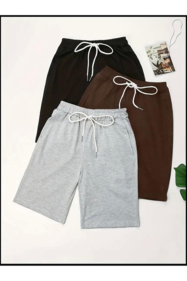3 Pack Black-Brown-Grey Relaxed Fit Shorts