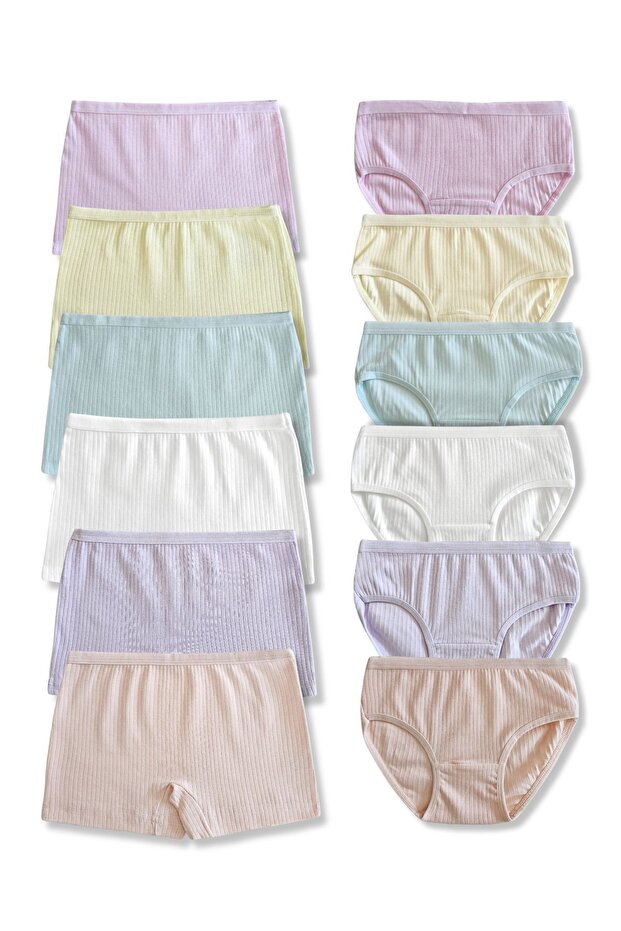 95% Cotton Girls' Ribbed Boxer Briefs Set of 12 / Underpants / Underwear