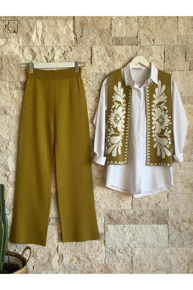 HatunAtila Patterned Vest Knit Two-Piece Set Oil Green - 3005