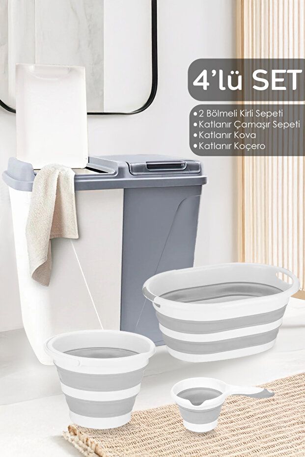 Meleni Home 4'lü Set - 90 Lt İki Bölmeli Kirli Çamaşır Sepeti Katlanabilir Sepet Akordiyon Su Kovası Maşrapa Gri