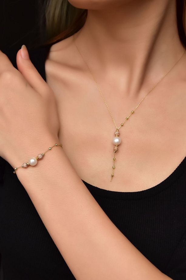 925 Ayar Gümüş Rose-gold Kaplama Inci Simli Dorika Toplu Kolye Ve Bileklik Set - 1