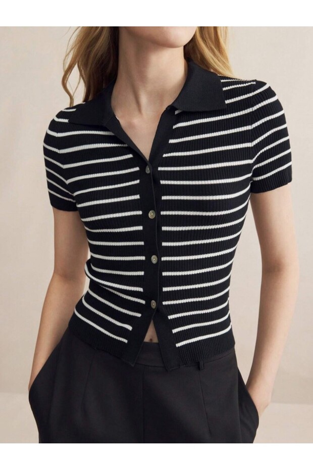 Buttoned Striped Short-Sleeve Transitional Knit Jacket Cardigan Top fm12100