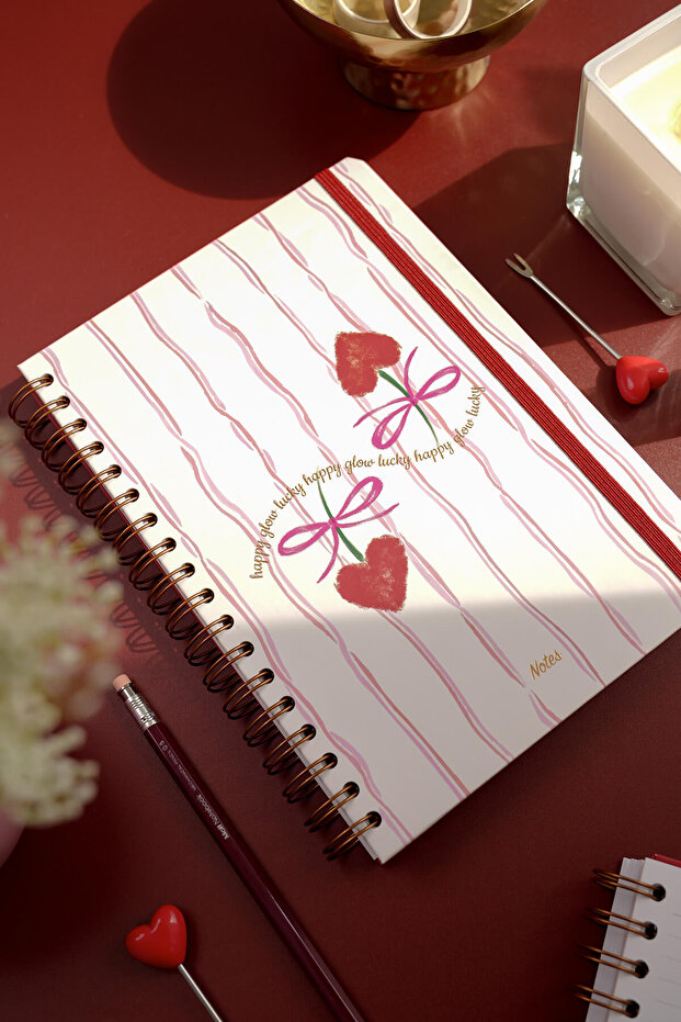 B5 17X24 cm Spiral Elastic Striped Undated Notepad Cherry Bow - 2