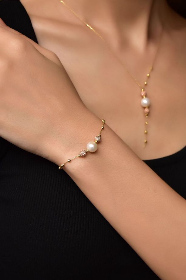 925 Ayar Gümüş Rose-gold Kaplama Inci Simli Dorika Toplu Kolye Ve Bileklik Set - 2