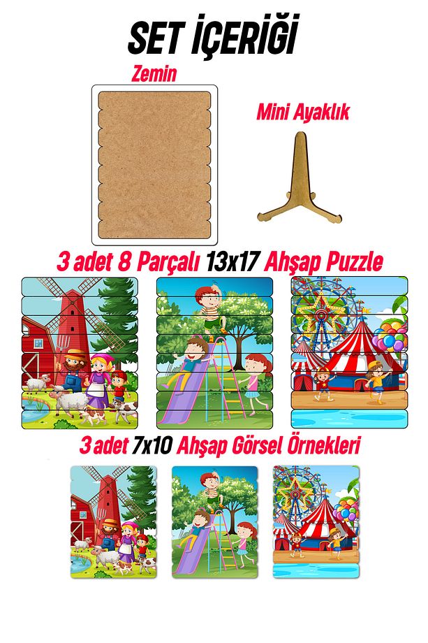 Ahşap Çubuk Puzzle, 3lü Set Puzzle, Lunapark Puzzle, Montesorri Puzzle ÇB301 - 5
