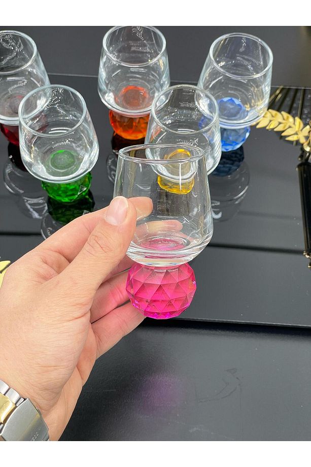 6 Kişilik Cam Renkli Elmas Ayaklı Kahve Yanı Bardağı Bardak 50ml - 3