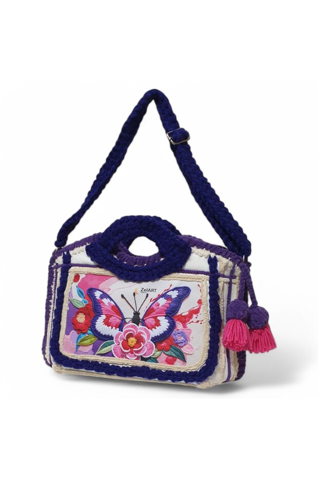 Crochet Knitted Detailed Leather Shoulder Bag, Handmade Special Design Tote Bag